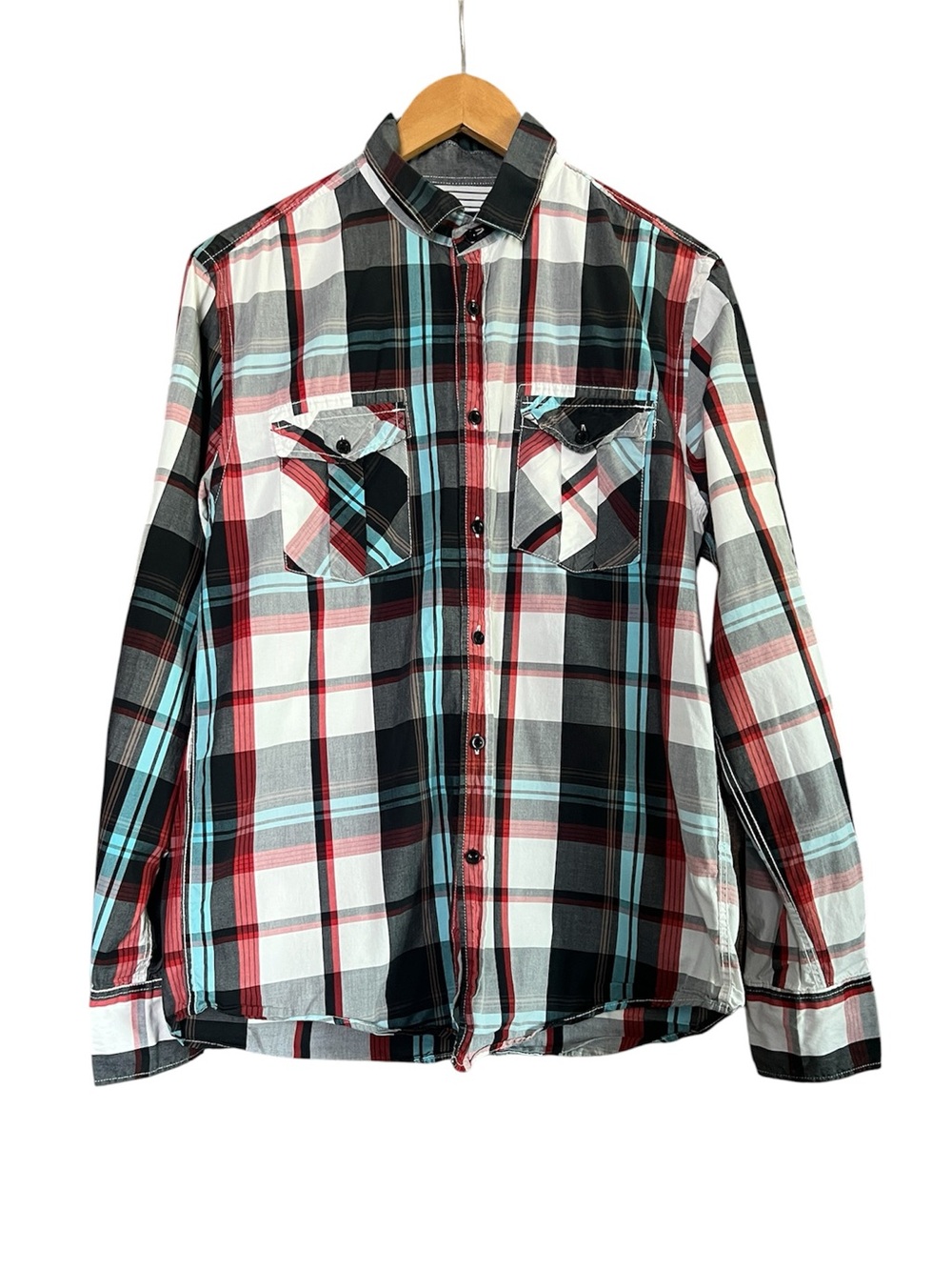 Zara Men's Plaid Button-Up Shirt - Red, Black ,Blue and White L